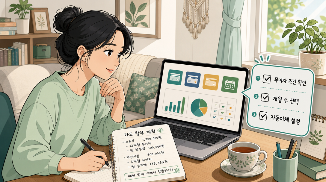 할부 수수료 절약을 위한 체크리스트와 가계부 관리 일러스트