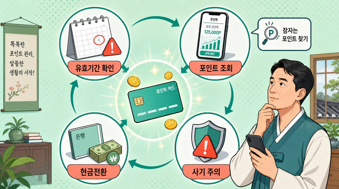 신용카드 포인트 현금화 활용 전략과 유효기간 관리 방법을 나타낸 아이콘 일러스트