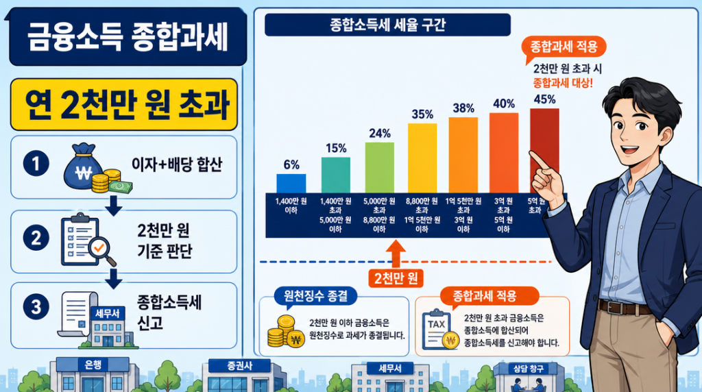 금융소득 종합과세 기준 연 2천만 원 초과 시 세율 구조 인포그래픽