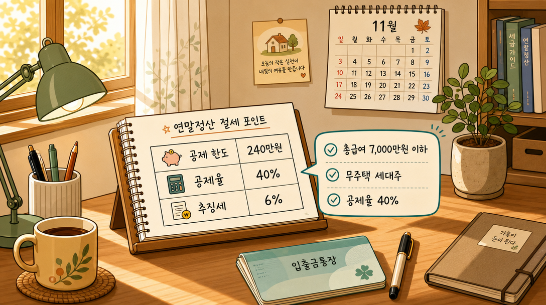 주택청약저축 소득공제 절세 전략 일러스트 — 총급여 7,000만 원 이하 조건과 공제율 40% 안내