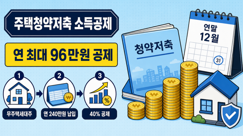 주택청약저축 소득공제 요건과 한도 인포그래픽 — 무주택 세대주 조건, 연 240만 원 납입 한도, 공제율 40% 핵심 정리