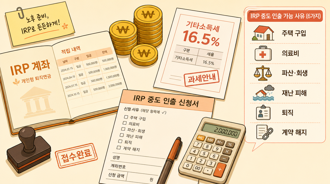 IRP 중도인출 허용 사유와 관련 서류를 정리한 본문 일러스트