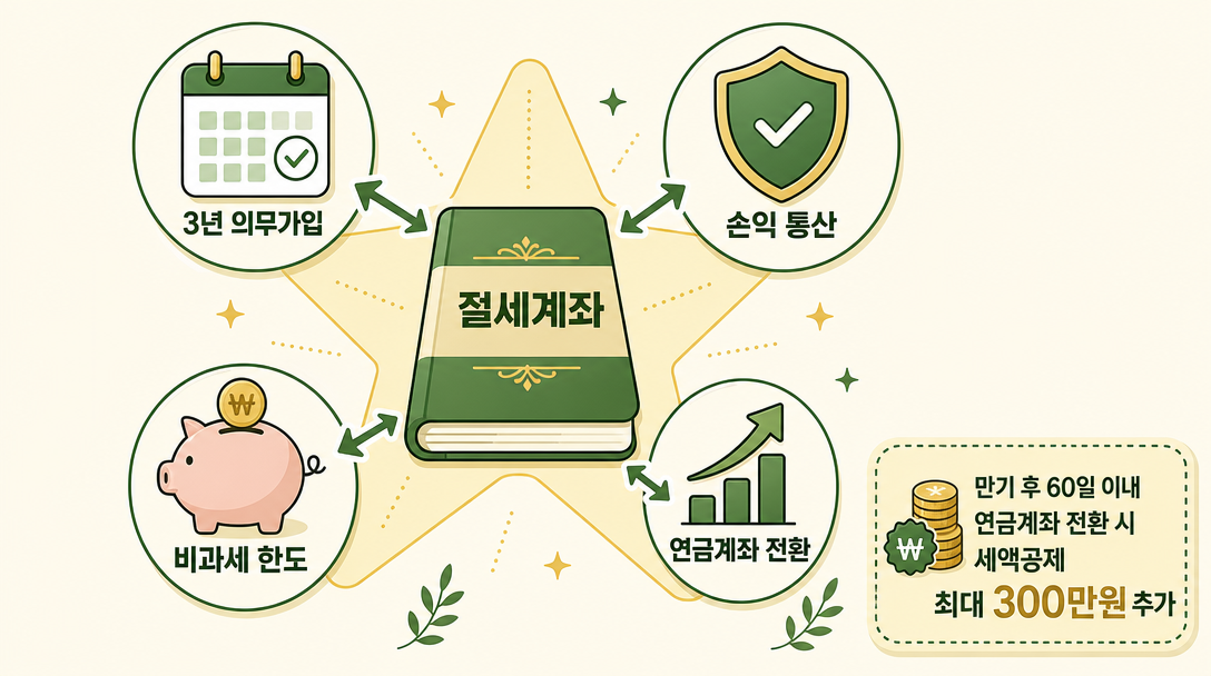 ISA 계좌 비과세 절세 흐름 — 손익 통산·의무가입·연금계좌 전환 아이콘 구성