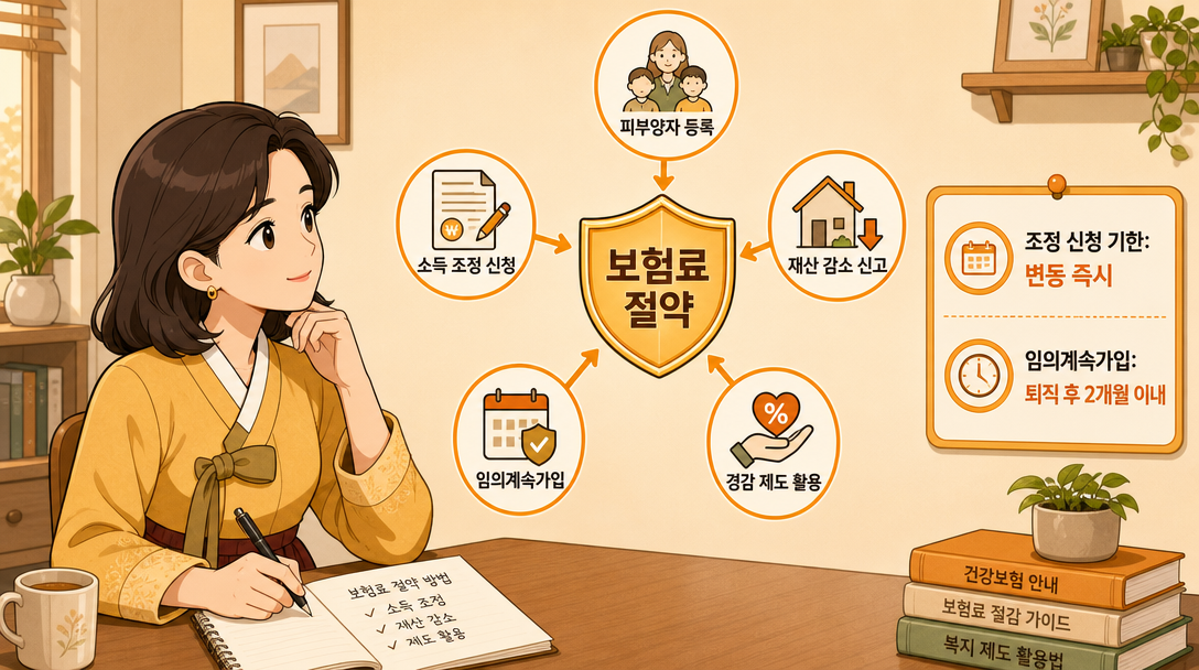 지역가입자 건강보험료 절약 방법과 조정 신청 단계 아이콘 구성도