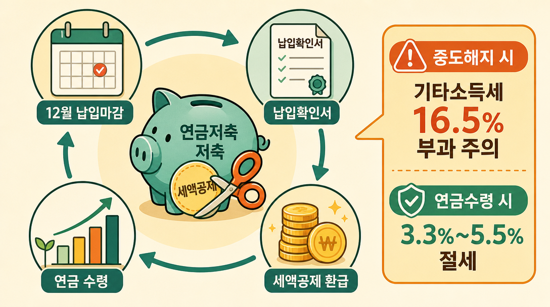 연금저축 세액공제 납입부터 연금 수령까지 절세 흐름 일러스트