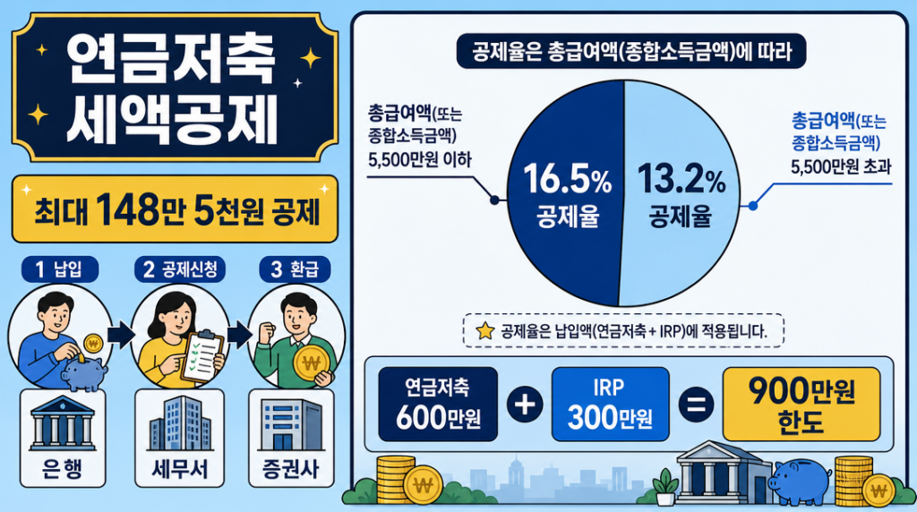 연금저축 세액공제 공제율과 한도 구조를 보여주는 인포그래픽