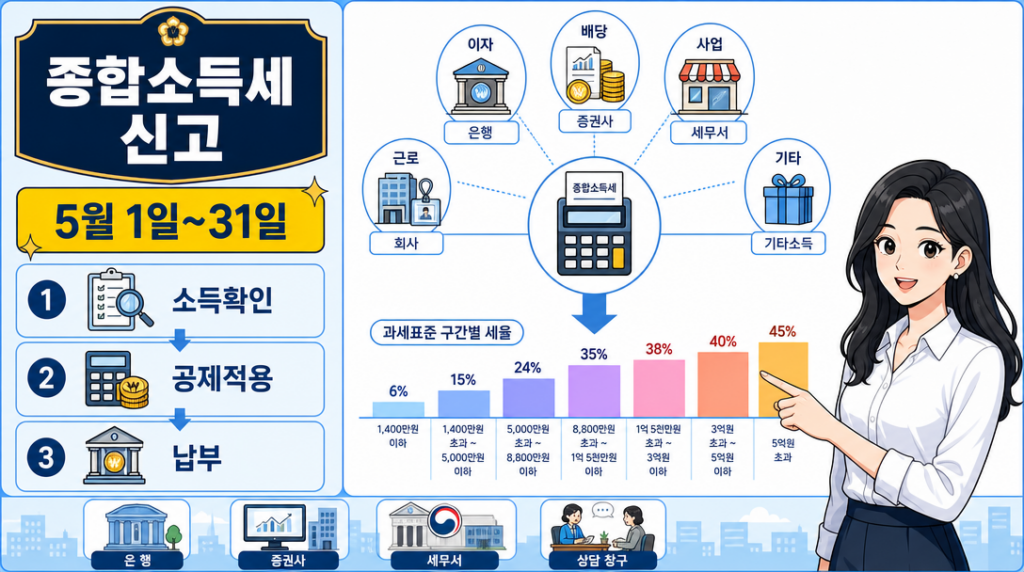 종합소득세 대상자 신고 소득 유형과 세율 구간 인포그래픽
