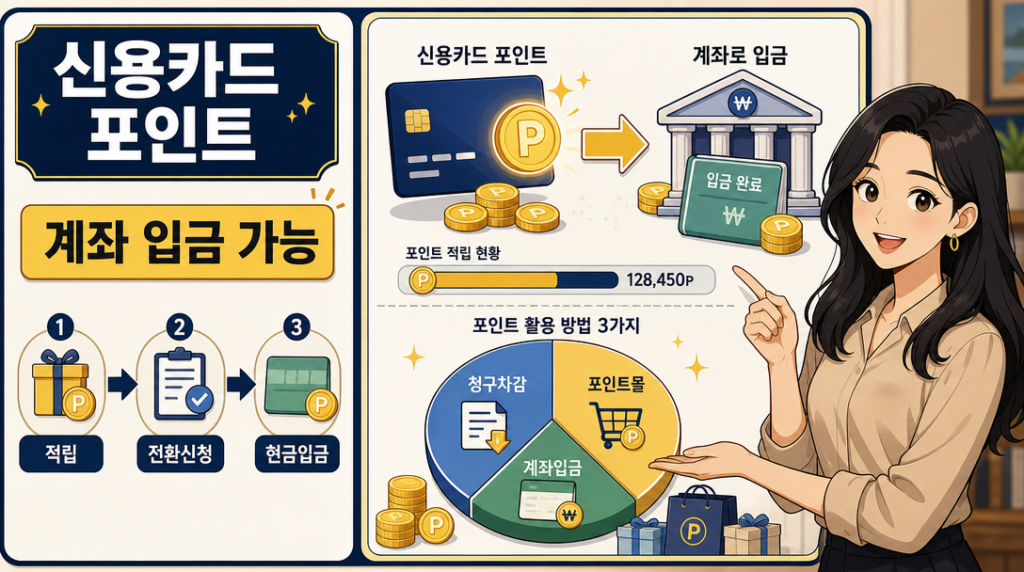 신용카드 포인트 현금화 방법과 전환 절차를 설명하는 인포그래픽 일러스트