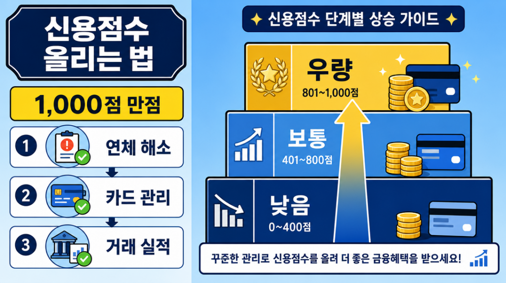 신용점수 올리는 법 단계별 인포그래픽 — 연체 해소, 카드 관리, 거래 실적 쌓기