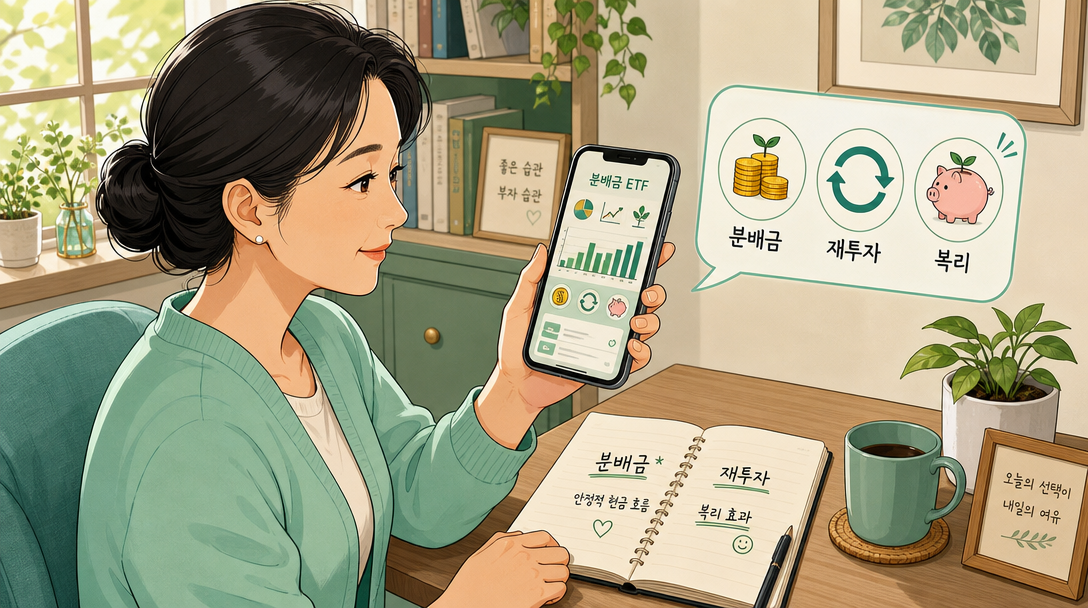 배당 ETF 분배금 재투자 전략을 확인하는 한국 여성 일러스트