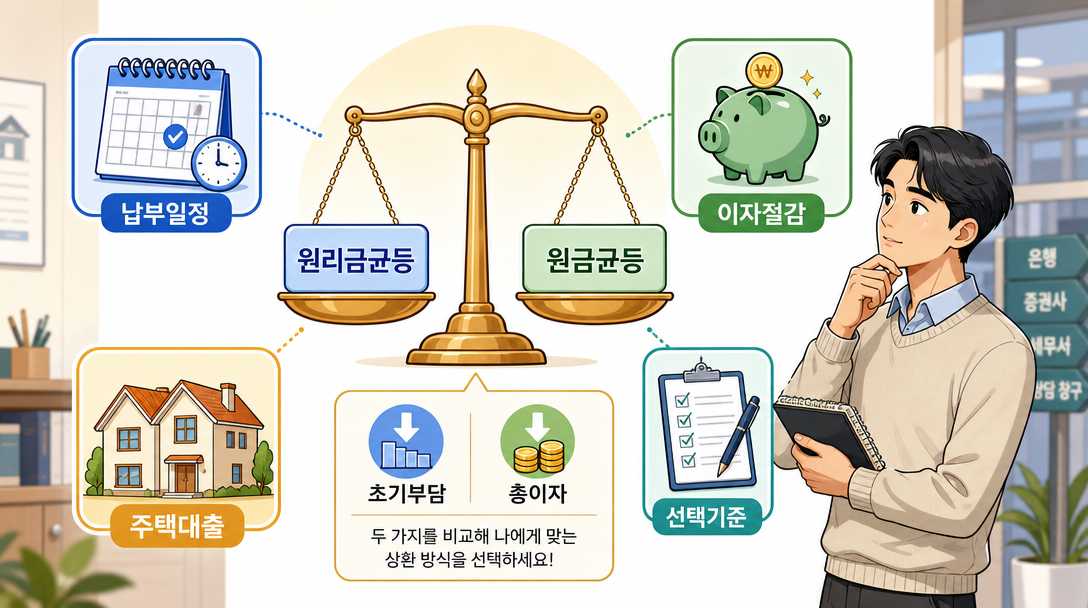 원리금균등상환과 원금균등상환의 선택 기준을 견주어 보는 일러스트