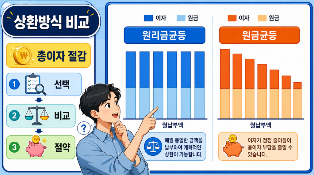 원리금균등상환 방식과 원금균등상환 방식을 비교한 인포그래픽 일러스트