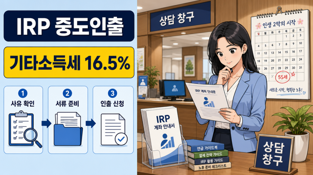 IRP 중도인출 조건과 기타소득세 16.5% 구조를 정리한 인포그래픽 대표 이미지