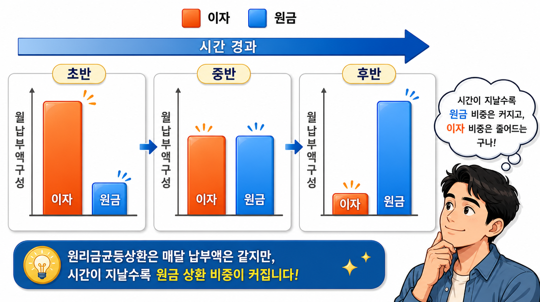 원리금균등상환 방식에서 시간 경과에 따라 원금·이자 비중이 변화하는 구조 인포그래픽