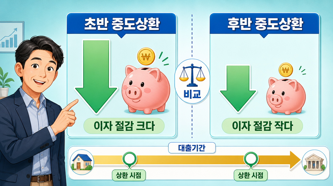 원리금균등상환 방식에서 중도상환 시점별 이자 절감 효과를 비교한 인포그래픽