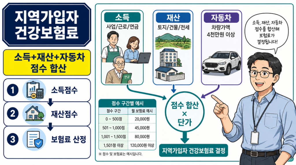 지역가입자 건강보험료 소득·재산·자동차 부과 기준 인포그래픽