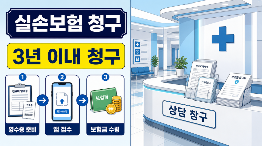 실손보험 청구 절차와 방법을 안내하는 병원 로비 인포그래픽 일러스트