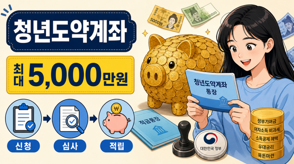 청년도약계좌 가입 조건과 정부기여금 구조를 정리한 인포그래픽 일러스트