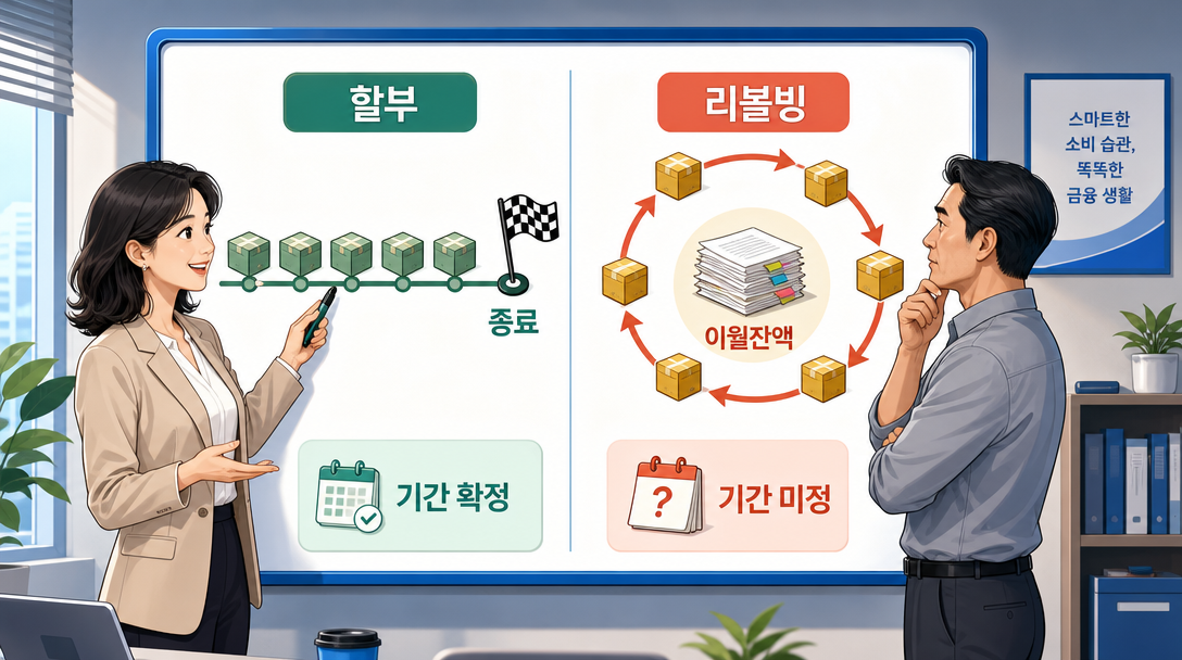 카드 리볼빙과 할부의 종료 시점 차이를 비교한 인포그래픽