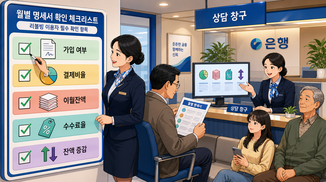 카드 리볼빙 명세서에서 확인할 항목을 정리한 체크 인포그래픽