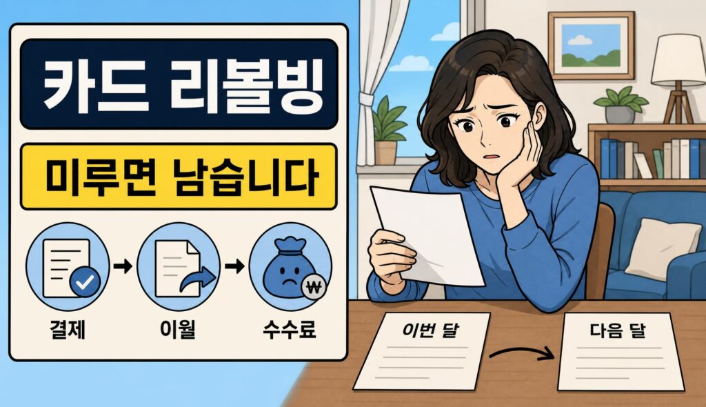 카드 리볼빙으로 이번 달 결제액이 다음 달로 넘어가는 구조를 명세서 두 장으로 나타낸 일러스트