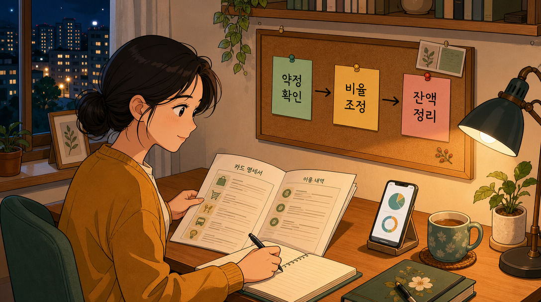 카드 리볼빙 명세서를 책상에서 확인하며 점검 항목을 메모하는 장면 일러스트