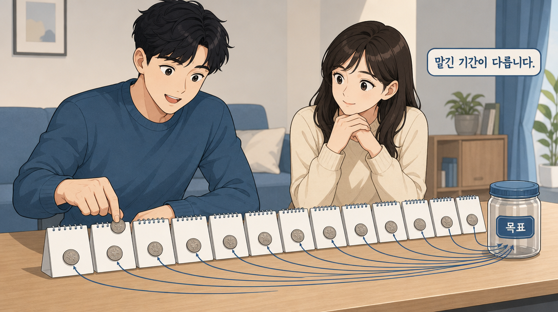 적금은 매달 넣은 돈마다 예치 기간이 달라 이자가 다르게 붙는 구조를 설명하는 인포그래픽
