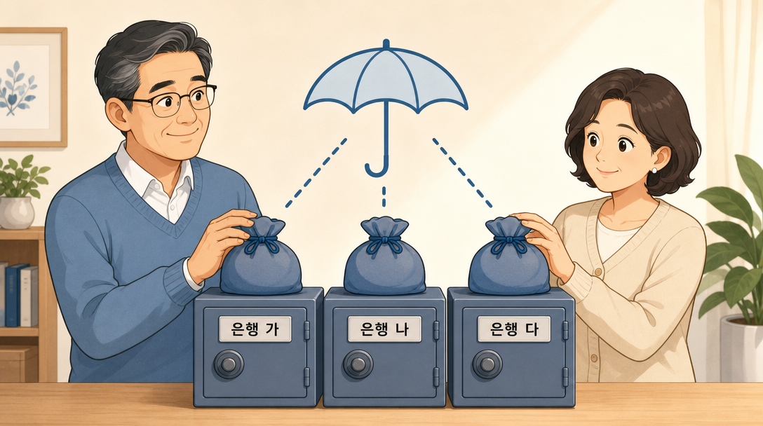 예금자보호 한도 때문에 목돈을 여러 금융회사에 나눠 맡기는 전략을 설명하는 인포그래픽