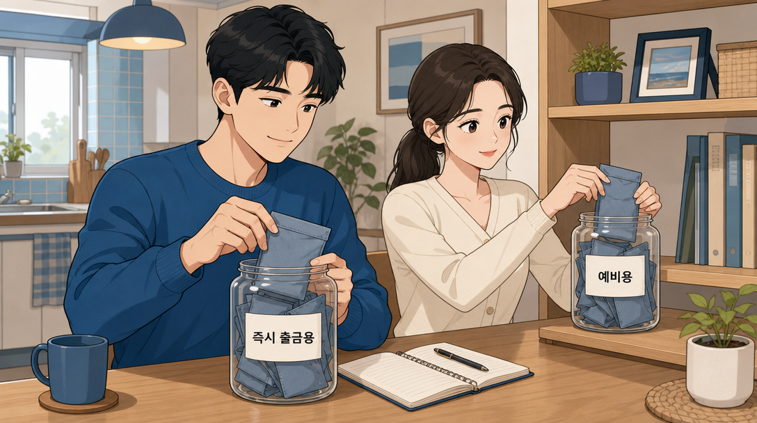 비상금을 즉시 출금용과 예비용 두 단계로 나눠 두는 구조를 설명하는 인포그래픽