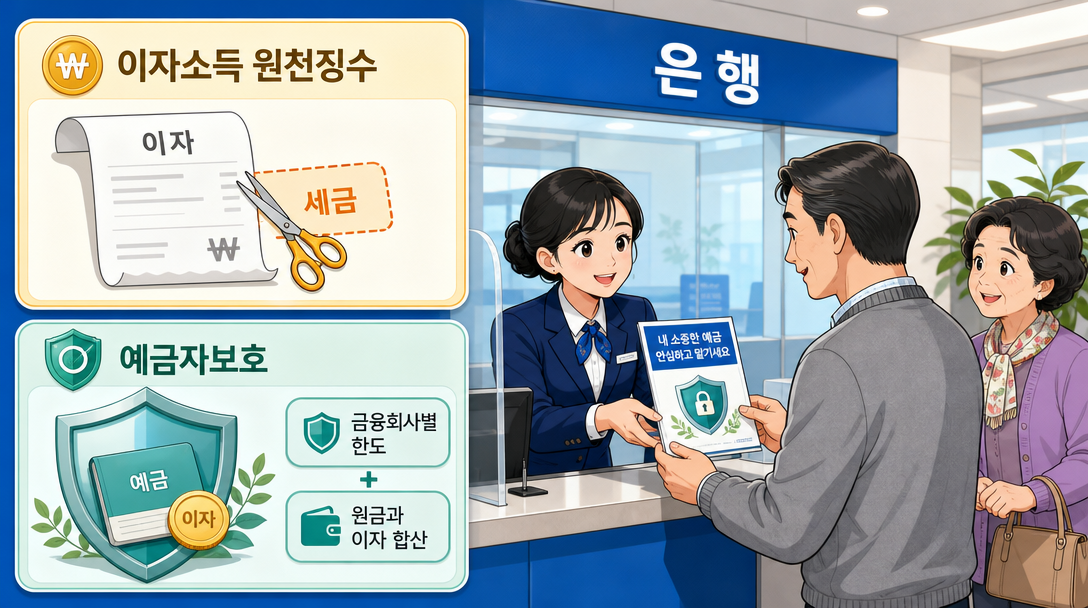 정기예금 중도해지 이자에 붙는 세금과 예금자보호 범위를 설명하는 인포그래픽