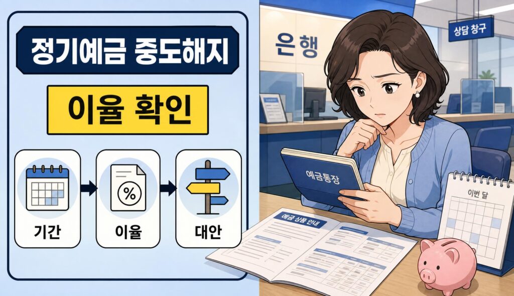 정기예금 중도해지 이율을 확인하려고 은행 창구에서 예금통장과 상품 안내를 살펴보는 여성 일러스트