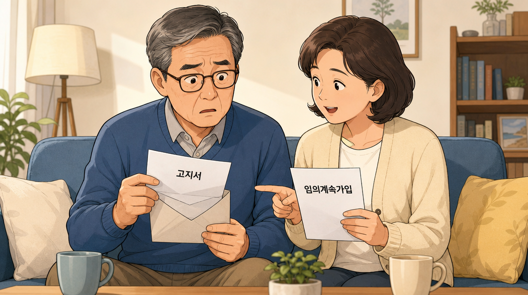 퇴직 후 받은 고지서를 보며 임의계속가입을 검토하는 부부를 그린 지역가입자 건강보험료 안내 인포그래픽