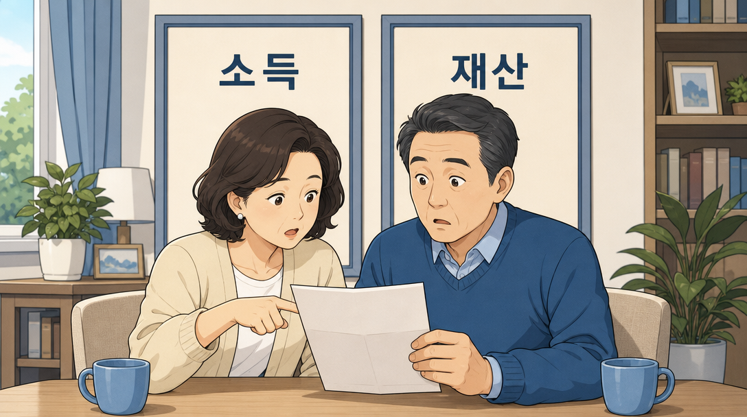 소득과 재산 두 기준을 함께 보는 부부를 그린 지역가입자 건강보험료 안내 인포그래픽