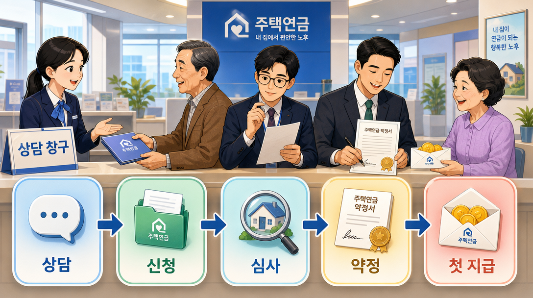 주택연금 신청 절차 흐름을 단계별로 보여주는 인포그래픽