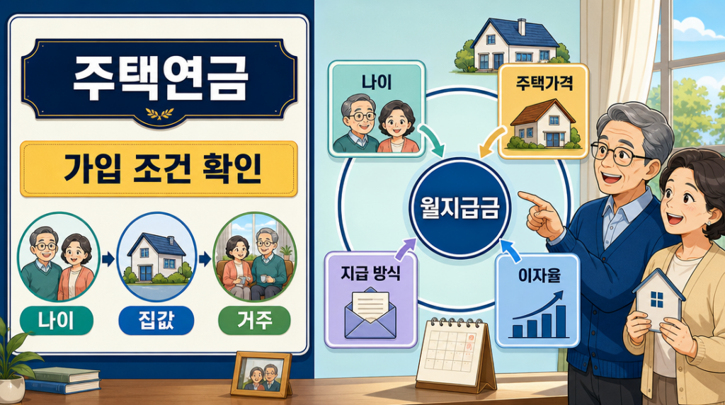 주택연금 가입 조건과 월지급금 결정 요소를 보여 주는 인포그래픽