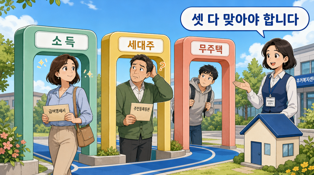 주택청약저축 소득공제 대상이 소득·세대주·무주택 세 조건으로 갈리는 구조를 설명하는 인포그래픽