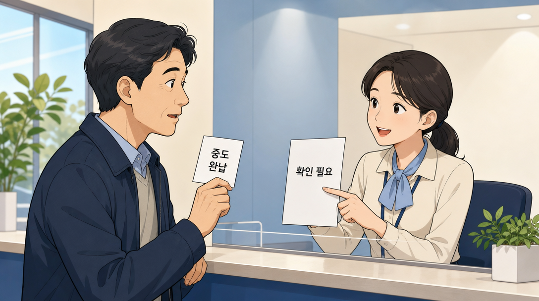 카드사 창구에서 중도 완납 조건을 상담받는 사람을 그린 할부 수수료 안내 인포그래픽