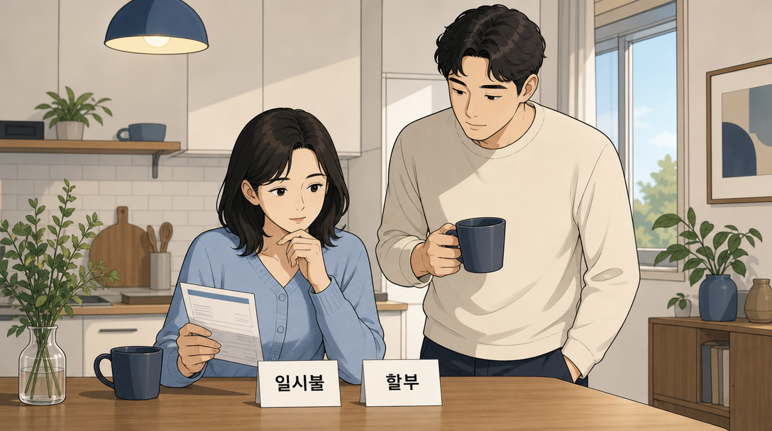 일시불과 할부 중 결제 방식을 고민하는 사람을 그린 할부 수수료 안내 인포그래픽