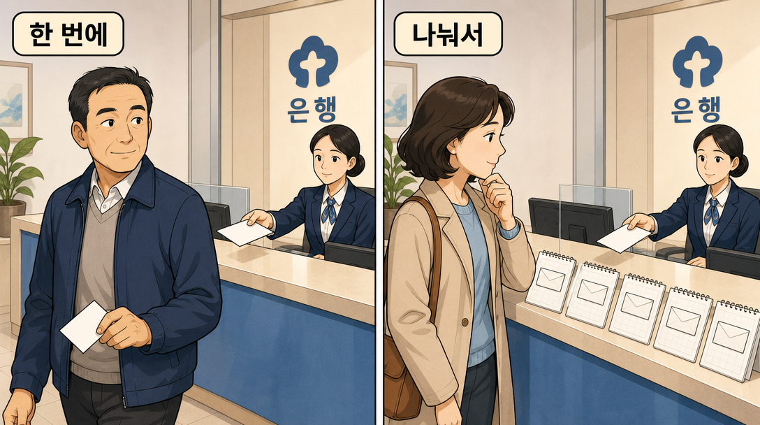 퇴직연금 IRP를 한 번에 받는 방식과 나눠 받는 방식의 차이를 설명하는 인포그래픽