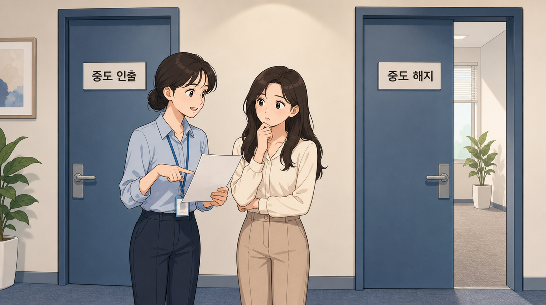 퇴직연금 IRP의 중도 인출과 중도 해지가 서로 다른 선택임을 설명하는 인포그래픽
