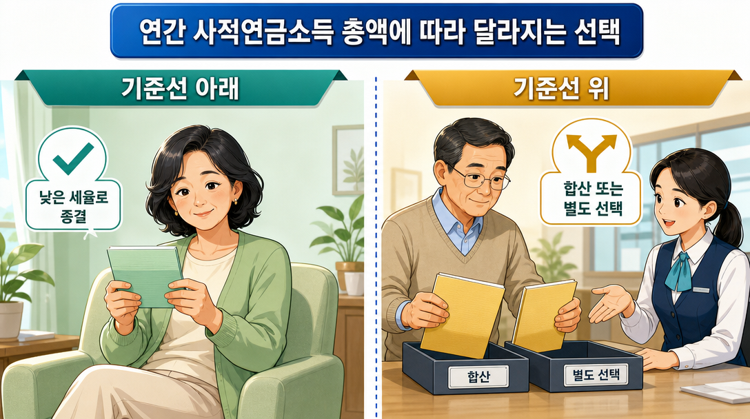 연금 수령액 연간 합계 기준으로 과세 방식이 갈리는 비교 인포그래픽