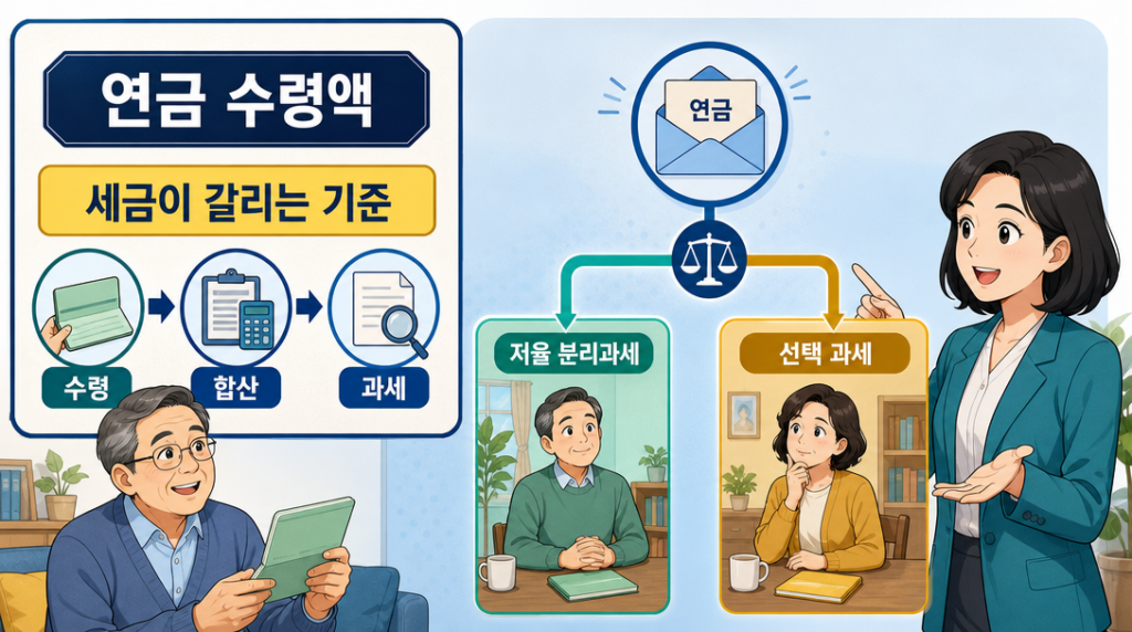 연금 수령액에 따라 과세 방식이 갈리는 구조를 보여주는 인포그래픽