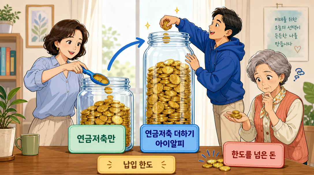 연금저축과 IRP 납입 한도가 합산되는 구조를 설명하는 인포그래픽