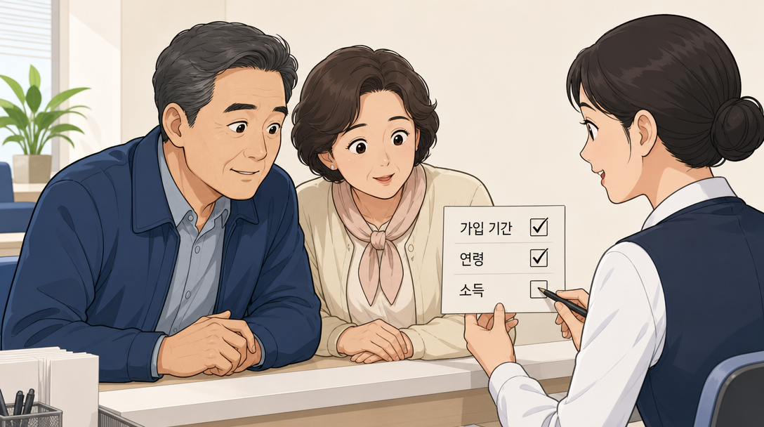 국민연금 조기수령 신청에 필요한 세 가지 요건을 함께 확인하는 모습의 인포그래픽