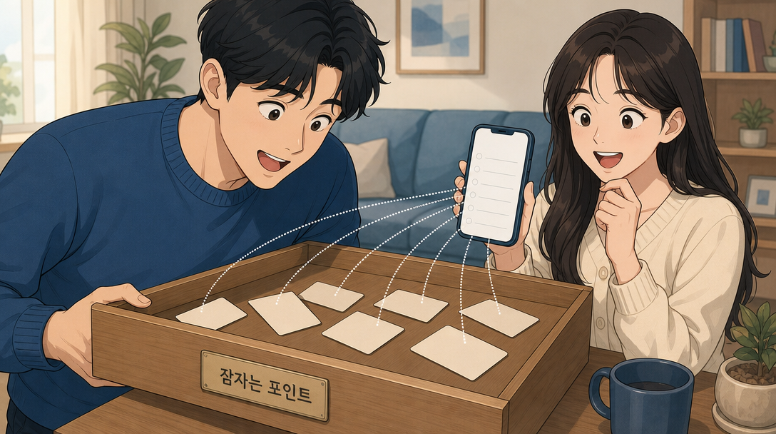 여러 카드사에 흩어진 포인트를 한 번에 모아 조회하는 모습을 설명하는 인포그래픽