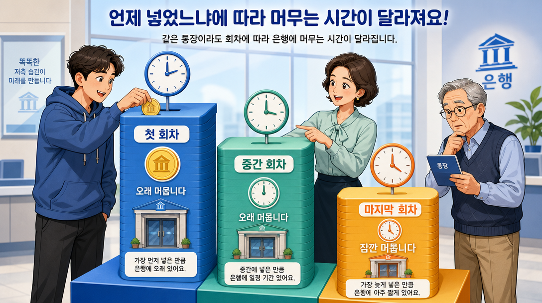 적금 이자 계산에서 회차별 예치 기간이 줄어드는 구조 인포그래픽