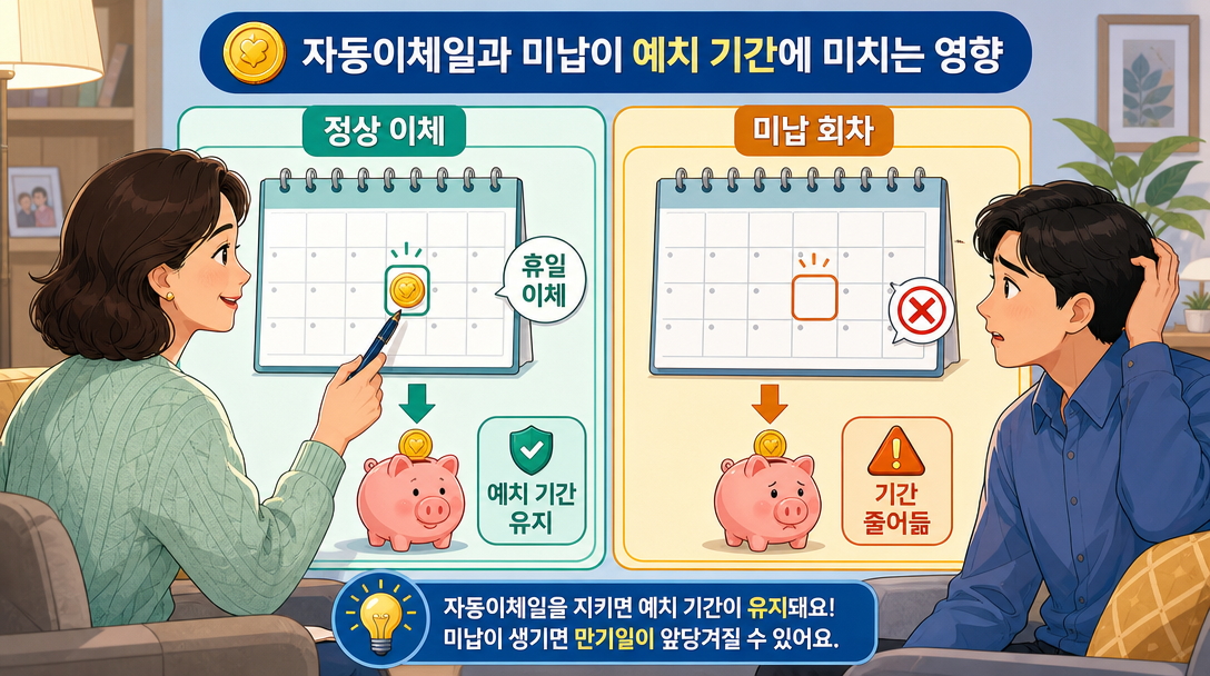 적금 이자 계산에서 자동이체 날짜와 미납 회차가 미치는 영향 인포그래픽