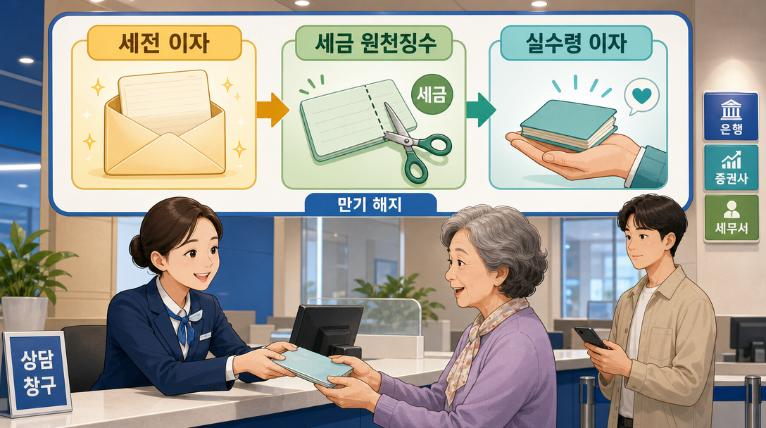 적금 이자 계산 후 세금이 빠지고 실수령액이 정해지는 흐름 인포그래픽