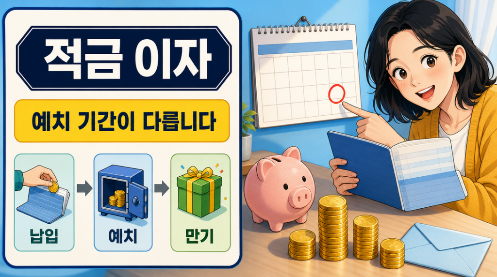 적금 이자 계산 구조를 통장과 저금통, 달력으로 보여주는 안내 이미지