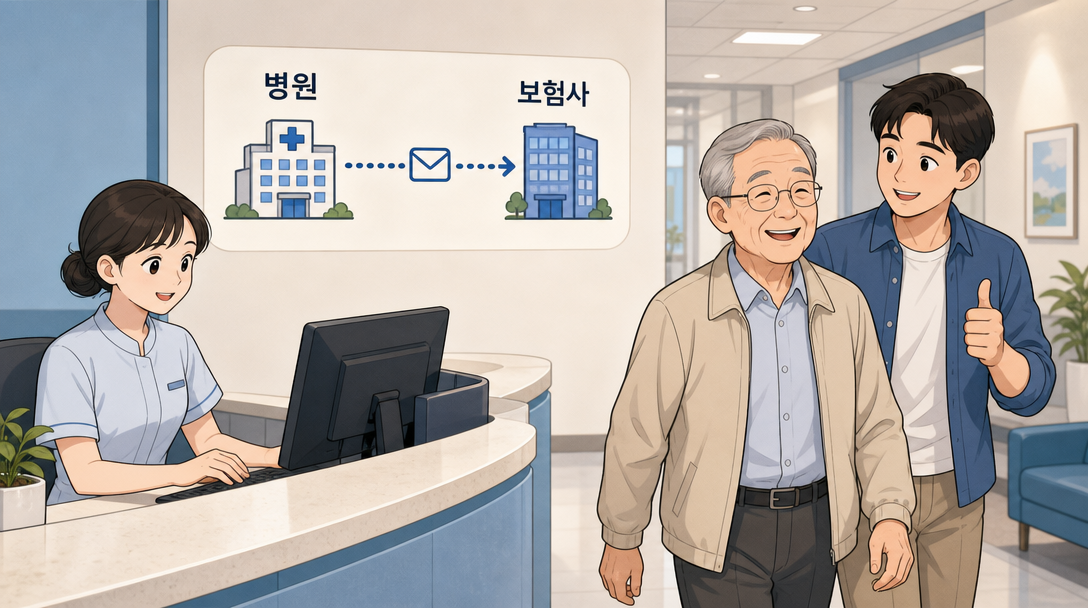 청구 간소화로 의료기관이 서류를 보험사에 직접 전송하는 흐름을 설명하는 인포그래픽